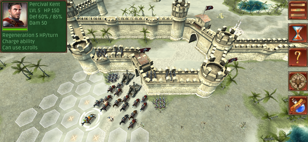 Turn-based strategy gameplay in Hex Commander Fantasy Heroes showing hero Percival Kent leading a medieval army on a hex grid near a castle