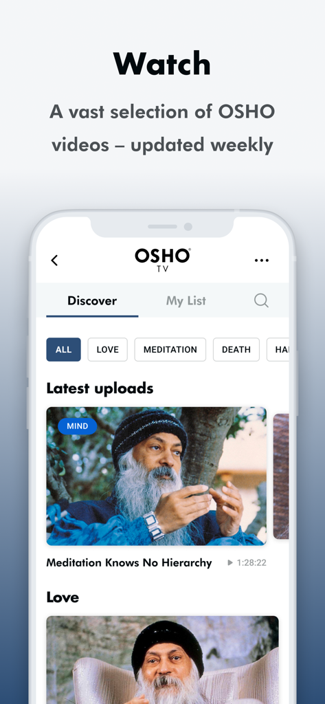 iOSHO - A smartphone screen displaying the OSHO TV section of the iOSHO app with various meditation and spiritual talk videos.