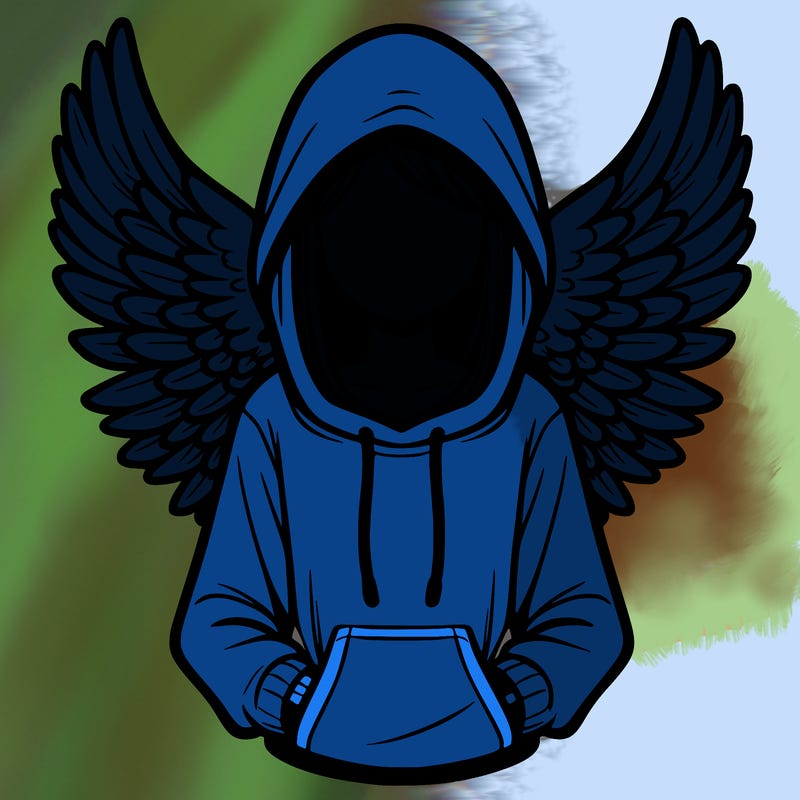 hooded girl with no face with big canary wings on her back