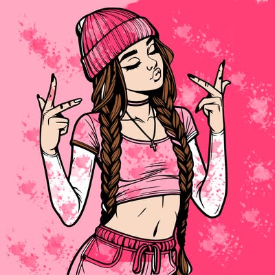 realistic teenage girl with braids and a beanie and crop top doing 🫶🏼