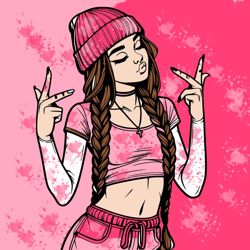 realistic teenage girl with braids and a beanie and crop top doing 🫶🏼
