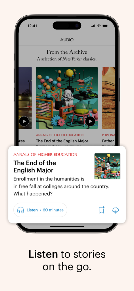 The New Yorker app interface showing the audio section and a feature to listen to stories on the go
