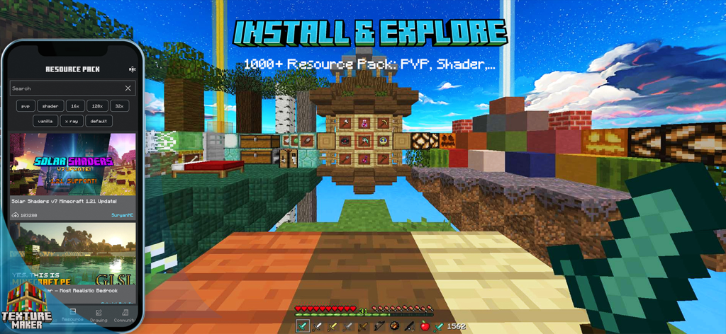 Texture maker for Minecraft PE - Interface of the Texture Maker for Minecraft PE app showing available shader and PVP resource packs next to a custom game scene.