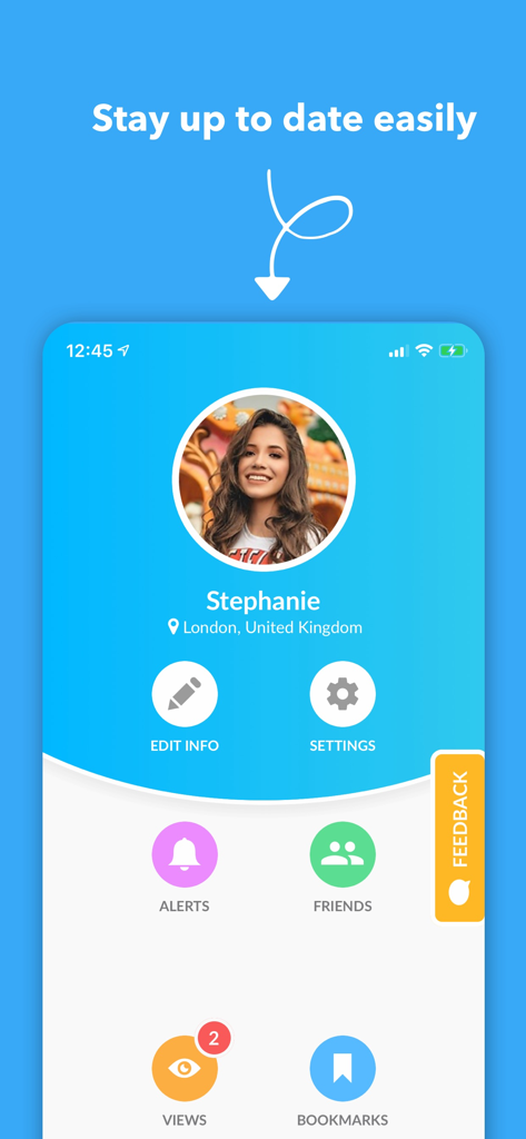 Écran de profil utilisateur de l'application InterPals montrant les alertes, les amis et les paramètres du profil