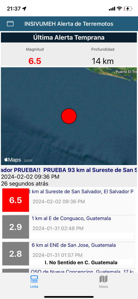 INSIVUMEH Alerta de Terremotos - 地図上のマグニチュード 6.5 の地震イベントを示す INSIVUMEH 地震アラート アプリのスクリーンショット。