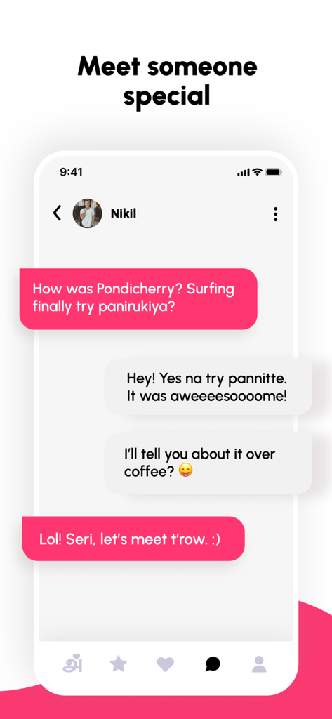 Anbe - Date The Tamil Way - Anbe dating app chat screen showing a conversation between two users in English and Tamil.
