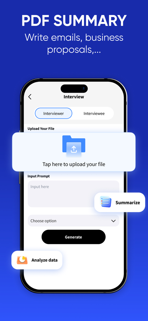 Smart Printer App - Air Print - Smart Printer App screen showing the PDF summary and AI business writing feature