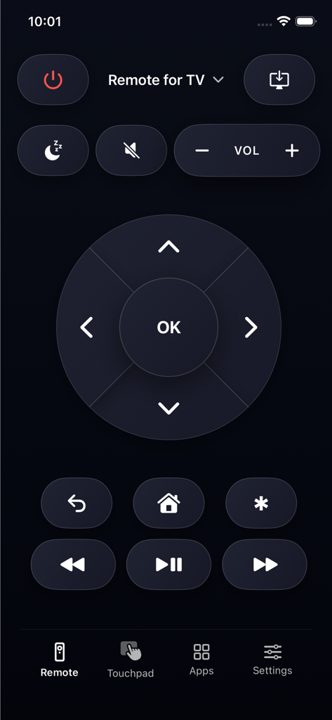 Universal TV Remote Control ▸ - Universal TV Remote app interface with navigation buttons and volume controls