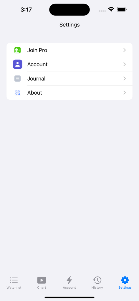 Trading Lab - Trading Lab app settings menu featuring Join Pro and account options