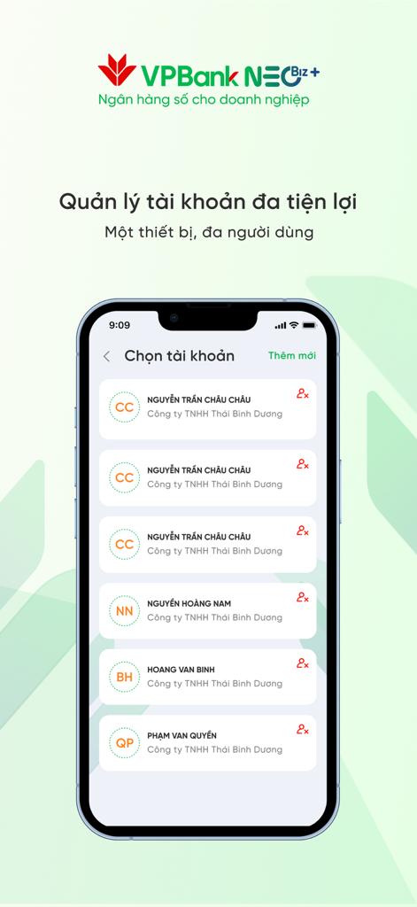 VPBank NEOBiz Plus - VPBank NEOBiz Plus interface showing multiple user account selection for businesses
