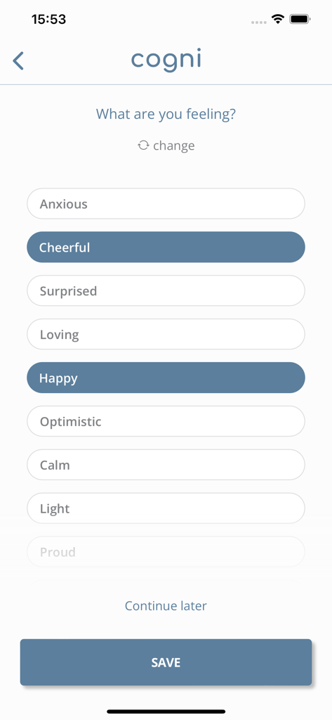Cogni - Interface of the Cogni app showing a list of selectable emotions for CBT mood tracking