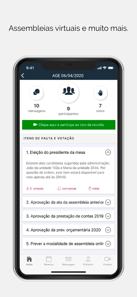 Pantalla de agenda de asamblea virtual y votación de la aplicación Efetiva Administradora