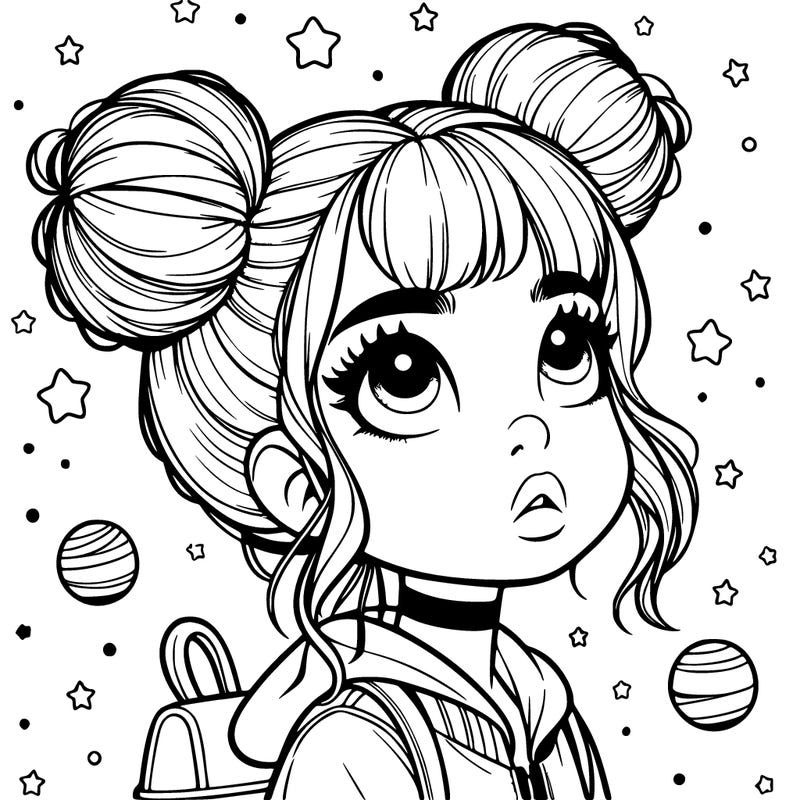 girl with space buns looking up realistic