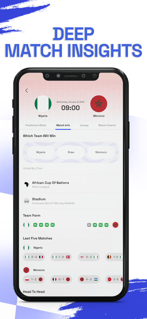 Puntrr.ai: Live Scores & Data - Puntrr.aiモバイルアプリのスクリーンショットには、チームの調子や試合予測を含む、ナイジェリア対モロッコのサッカーの試合に関する詳細な試合の洞察が表示されています