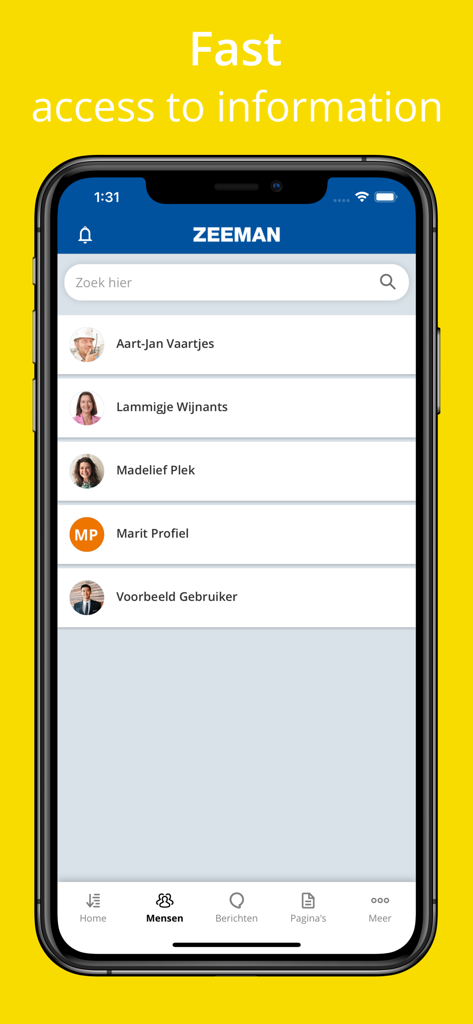 A screenshot of the WeAreZeeman mobile app showing an employee directory list with names and profile pictures for fast contact.