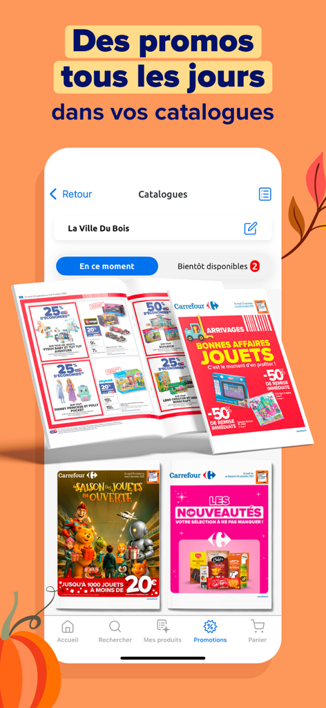 Carrefour & sa carte Club - A smartphone screen displaying various digital shopping catalogs and daily promotions within the Carrefour app