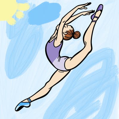 gymnast doing a leap in a leotard with a bent back leg