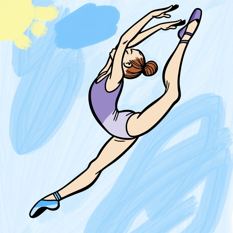 gymnast doing a leap in a leotard with a bent back leg