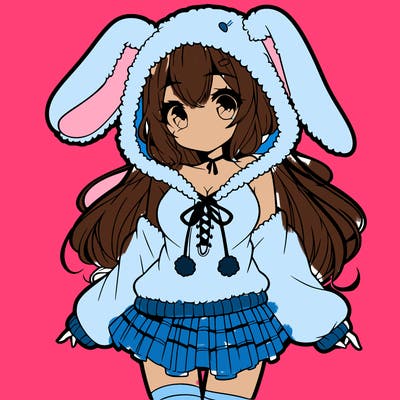 pretty anime girl wearing a fluffy hoodie with bunny ears on the hood and a skirt