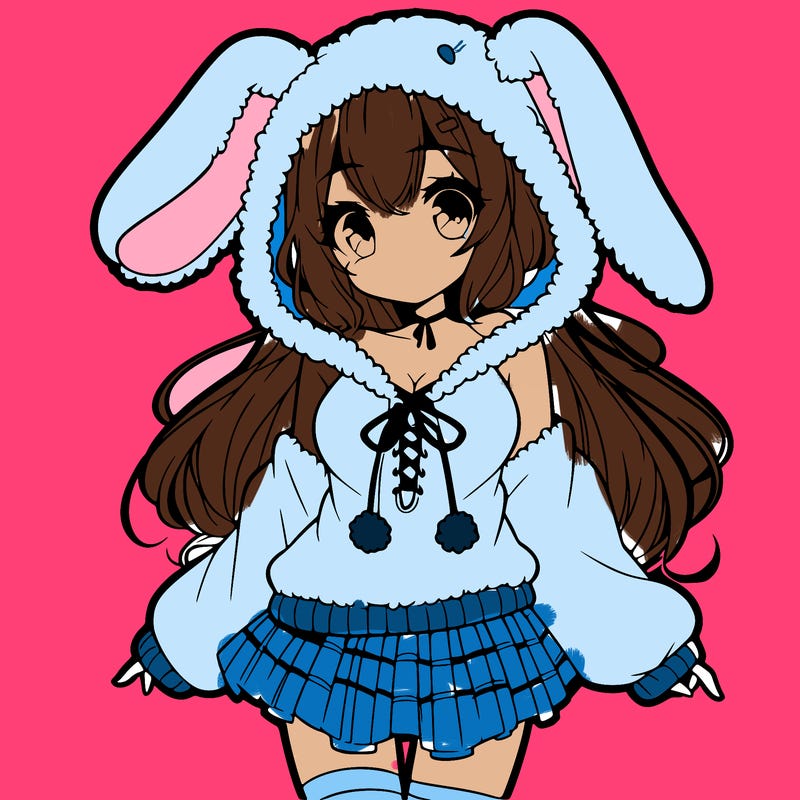 pretty anime girl wearing a fluffy hoodie with bunny ears on the hood and a skirt