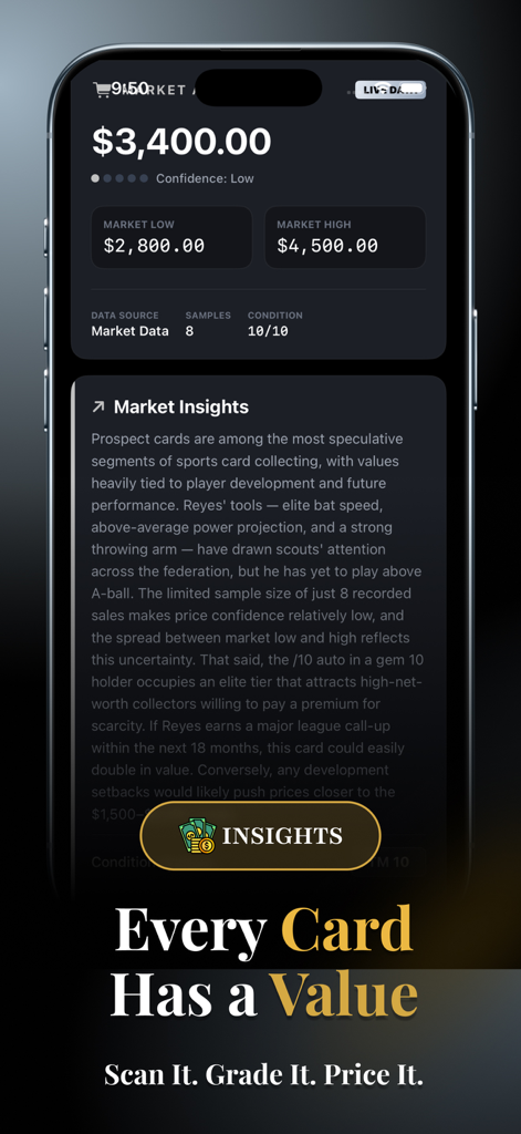 Cardex: Sports Card Scanner - Cardex app displaying real-time market value and financial insights for a collectible sports card