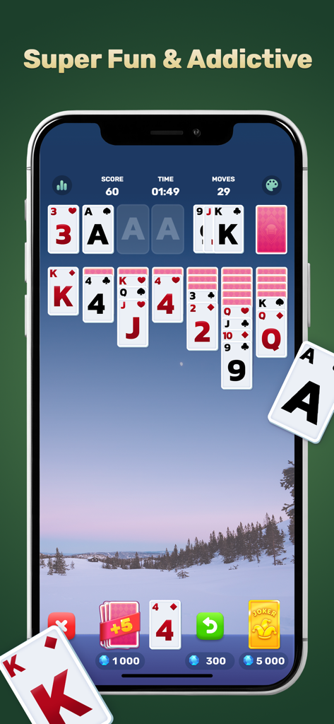 Solitaire Dream Manor：Renovate - Solitaire card game gameplay on a smartphone with a snowy landscape background