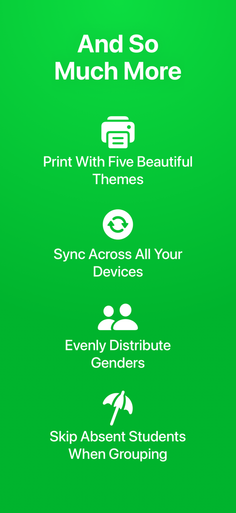 Lista de funciones para la aplicación Grupos, que incluyen temas de impresión, sincronización de dispositivos y distribución por género