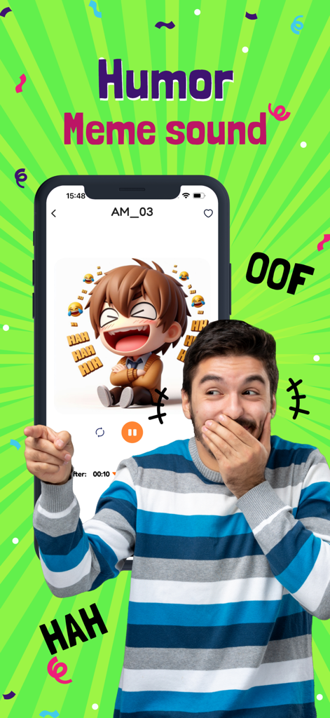 Mobile app screen featuring humor and meme sound effects with a laughing man and cartoon character