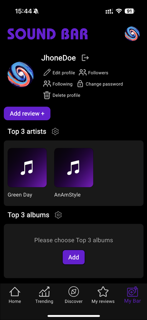 User profile screen of the Sound Bar app displaying top artists and top albums sections