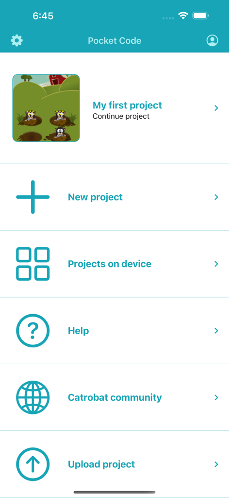 Pocket Code - Pocket Code app home screen showing project creation and community options