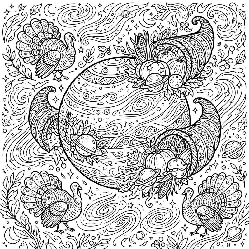 Blast off into a uniquely festive celebration with this enchanting Neptune Thanksgiving coloring page. Discover a whimsical blend of planetary wonders and autumnal delights, perfect for anyone seeking an out-of-this-world coloring experience.