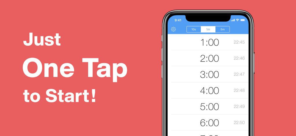 Simple Timer & Alarm ListTimer - iPhone screen displaying the ListTimer app interface with a list of durations and the slogan Just One Tap to Start