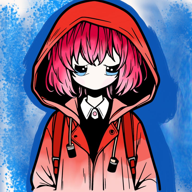 little anime girl in a raincoat her hair is covering her eyes she has a lighter