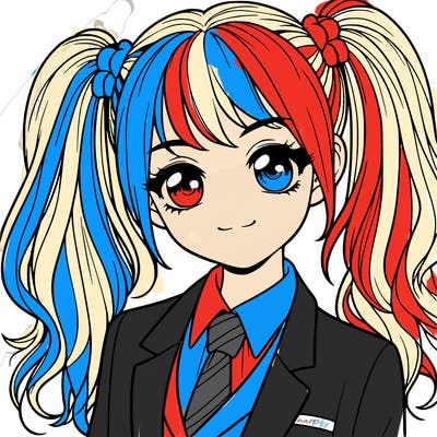 realistic girl with two ponytails and a suit on