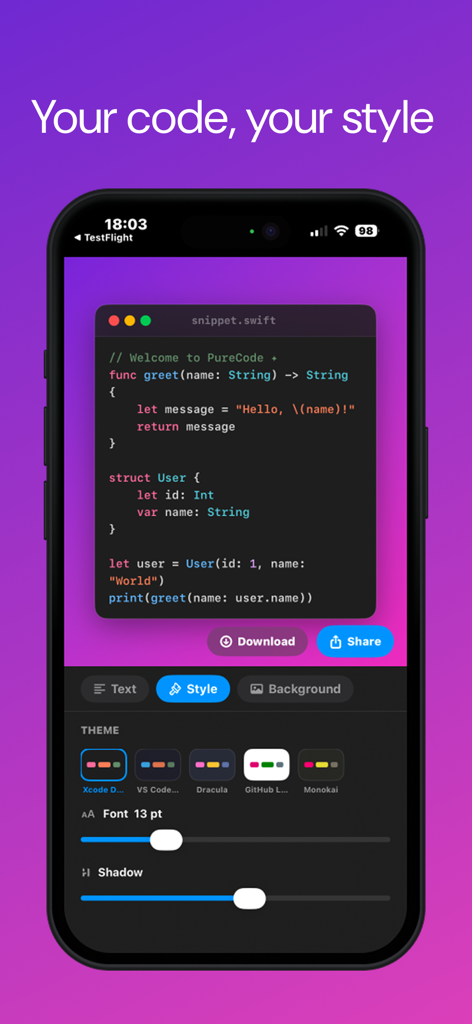 PureCode - PureCode app interface for creating beautiful code snippets with syntax highlighting and custom backgrounds