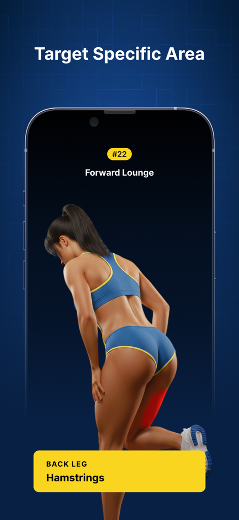 P4P Legify: Leg workout - Una animación 3D de una mujer realizando una zancada hacia adelante en la aplicación Legify resaltando los isquiotibiales trabajados