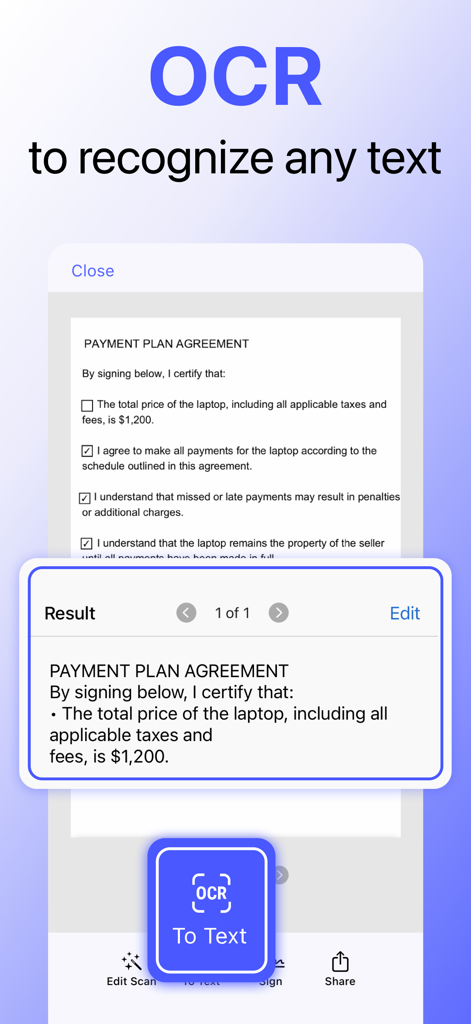 MobiScan: OCR Scanner・Scan PDF - Interfaz de la aplicación MobiScan demostrando la tecnología OCR extrayendo texto de un documento de acuerdo de plan de pago