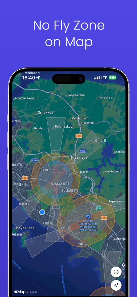 Drone Forecast DJI Fly Air Map - Interfaz de la aplicación Drone Forecast que muestra el espacio aéreo restringido y las zonas de exclusión aérea en un mapa interactivo para pilotos.