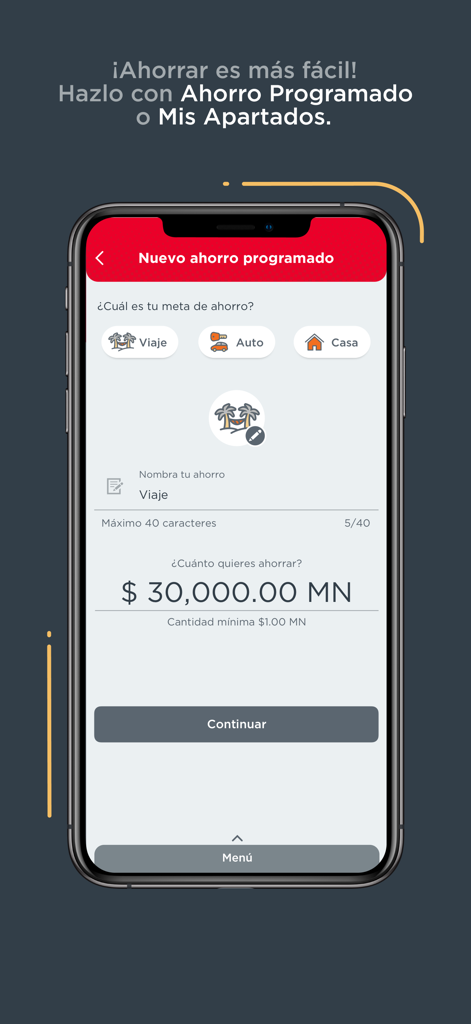 Pantalla de la aplicación Banorte Móvil que muestra la configuración de un nuevo objetivo de ahorro programado para viajes en pesos mexicanos