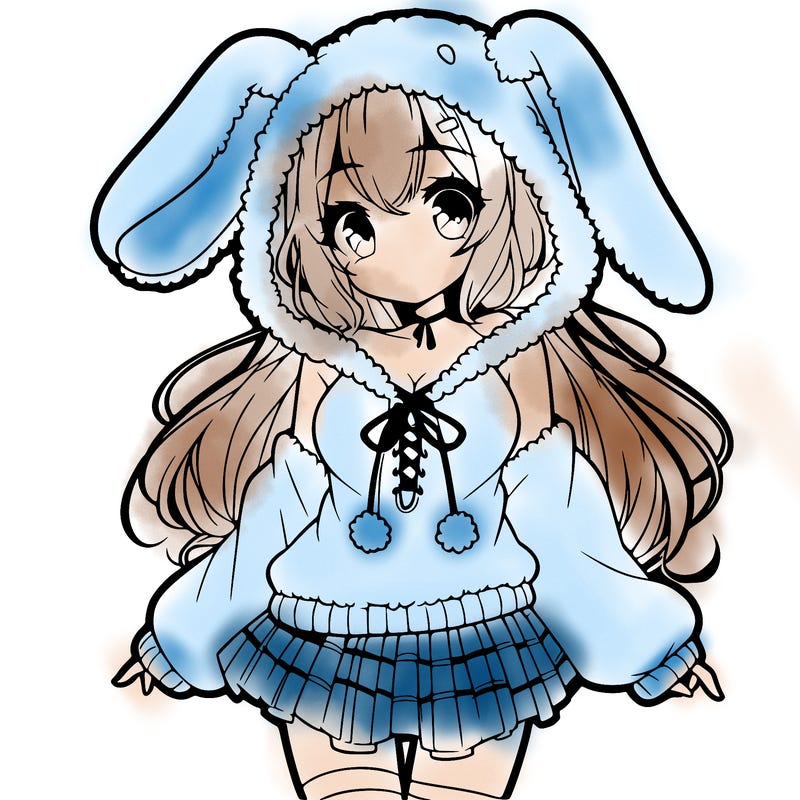 pretty anime girl wearing a fluffy hoodie with bunny ears on the hood and a skirt