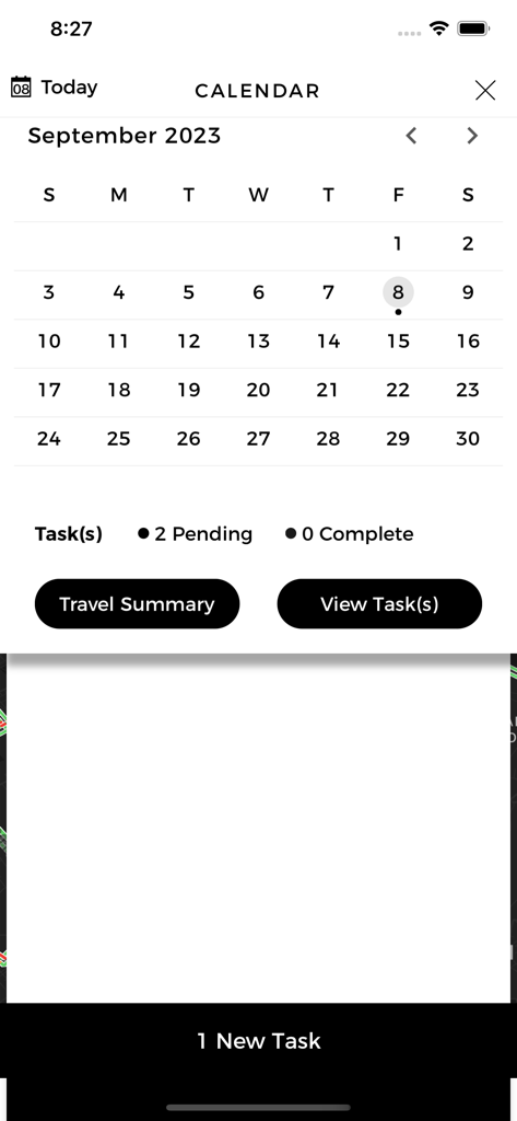 Skedadel Driver app interface showing a September 2023 calendar with pending and new delivery tasks