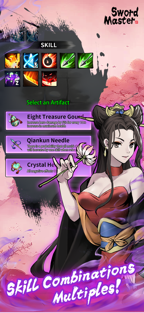 Sword Master-Wuxia Roguelike - Écran du jeu Sword Master Wuxia Roguelike montrant la sélection d'artefacts et les combinaisons de compétences avec un personnage d'anime.