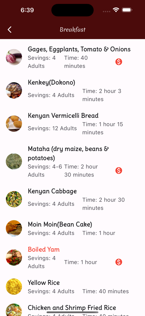 Intercontinental Food recipes - Breakfast recipe menu screen showing African dishes with cooking times and serving sizes