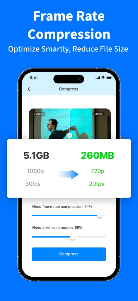 Video Compressor - Compress . - A screenshot of the Video Compressor app showing a file size reduction from 5.1GB to 260MB through frame rate and pixel settings.