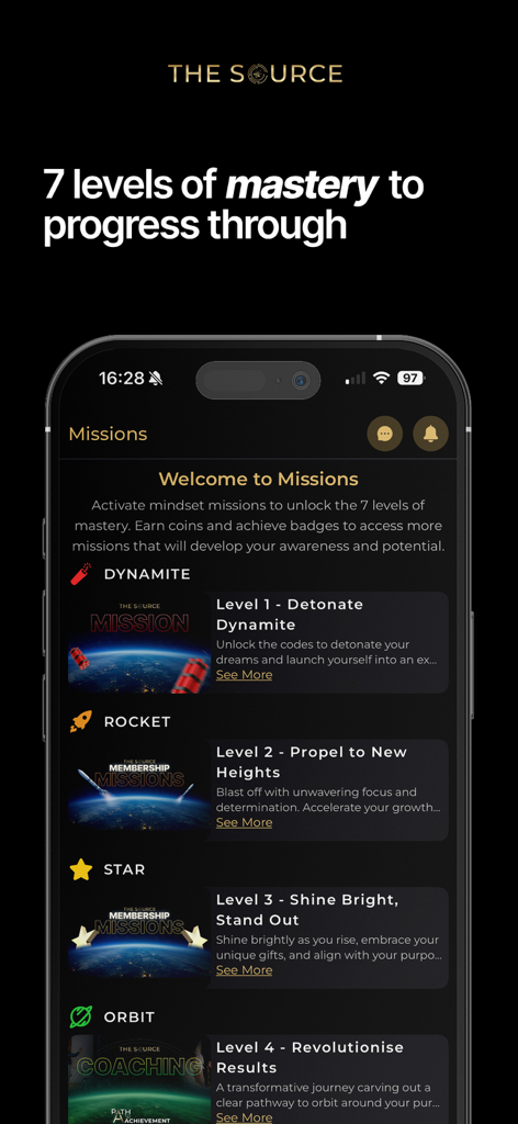 The Source. - Mobile app screen showing the missions interface with seven levels of personal development mastery