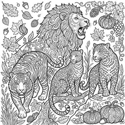 Unleash your creativity with this stunning adult coloring page featuring powerful big cats set against a richly detailed autumn backdrop. Explore intricate patterns and fall elements as you bring this majestic scene to life.