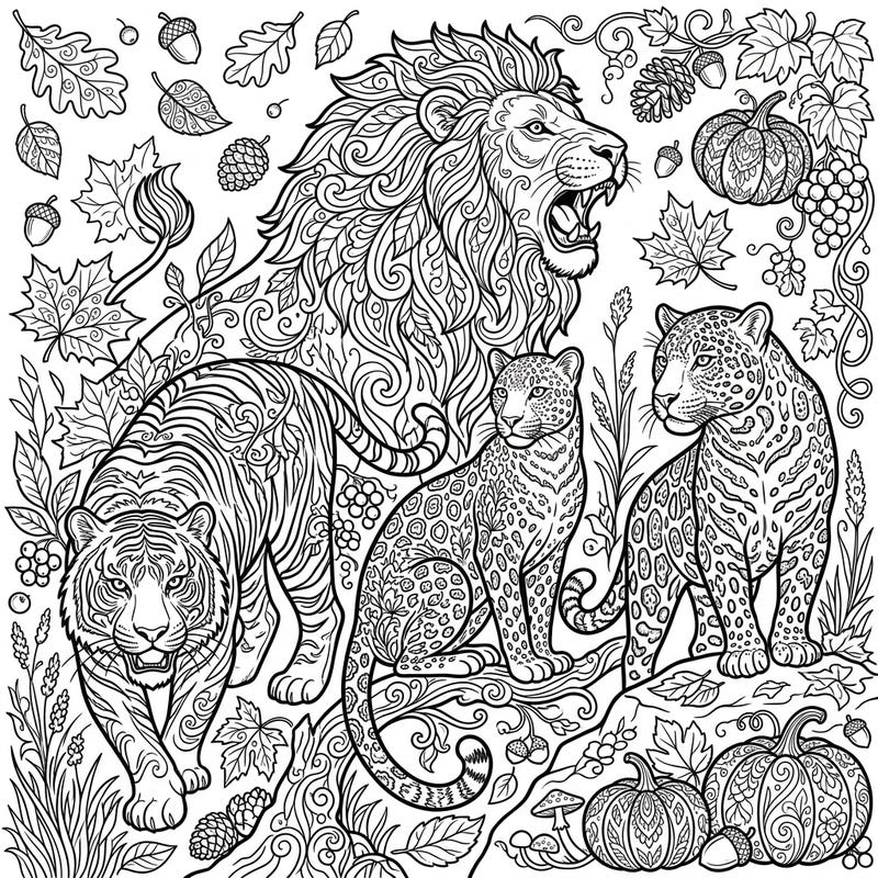 Unleash your creativity with this stunning adult coloring page featuring powerful big cats set against a richly detailed autumn backdrop. Explore intricate patterns and fall elements as you bring this majestic scene to life.