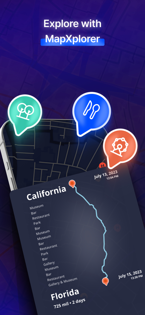 MapXplorer: Map Radar Navigate - MapXplorer app showing a travel route from California to Florida with smart search icons for parks and restaurants