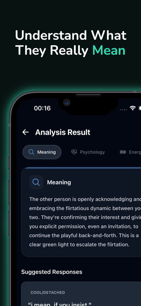 Rizz Dating AI-Flirt Coach - AI analysis of a dating app chat showing the meaning of messages and suggested responses