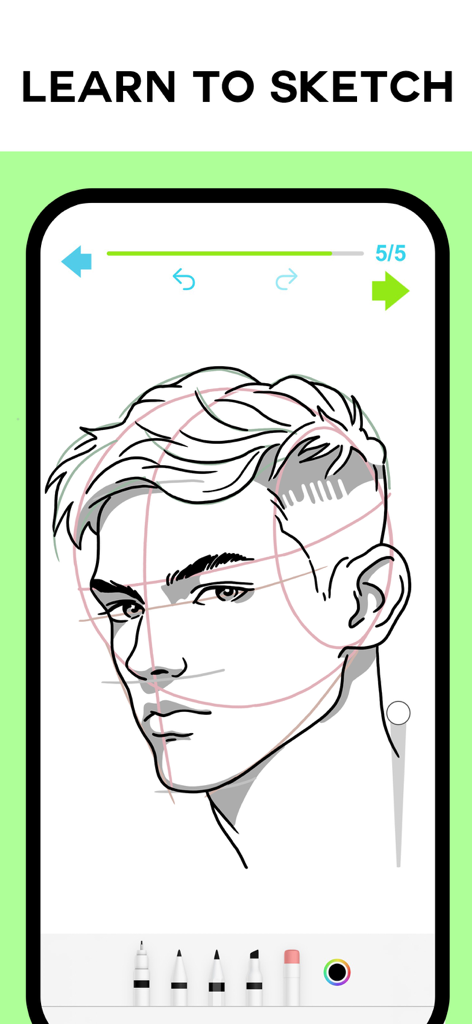 Drawing Vibe: Learn to draw - Mobile app interface showing a step-by-step portrait drawing tutorial for beginners